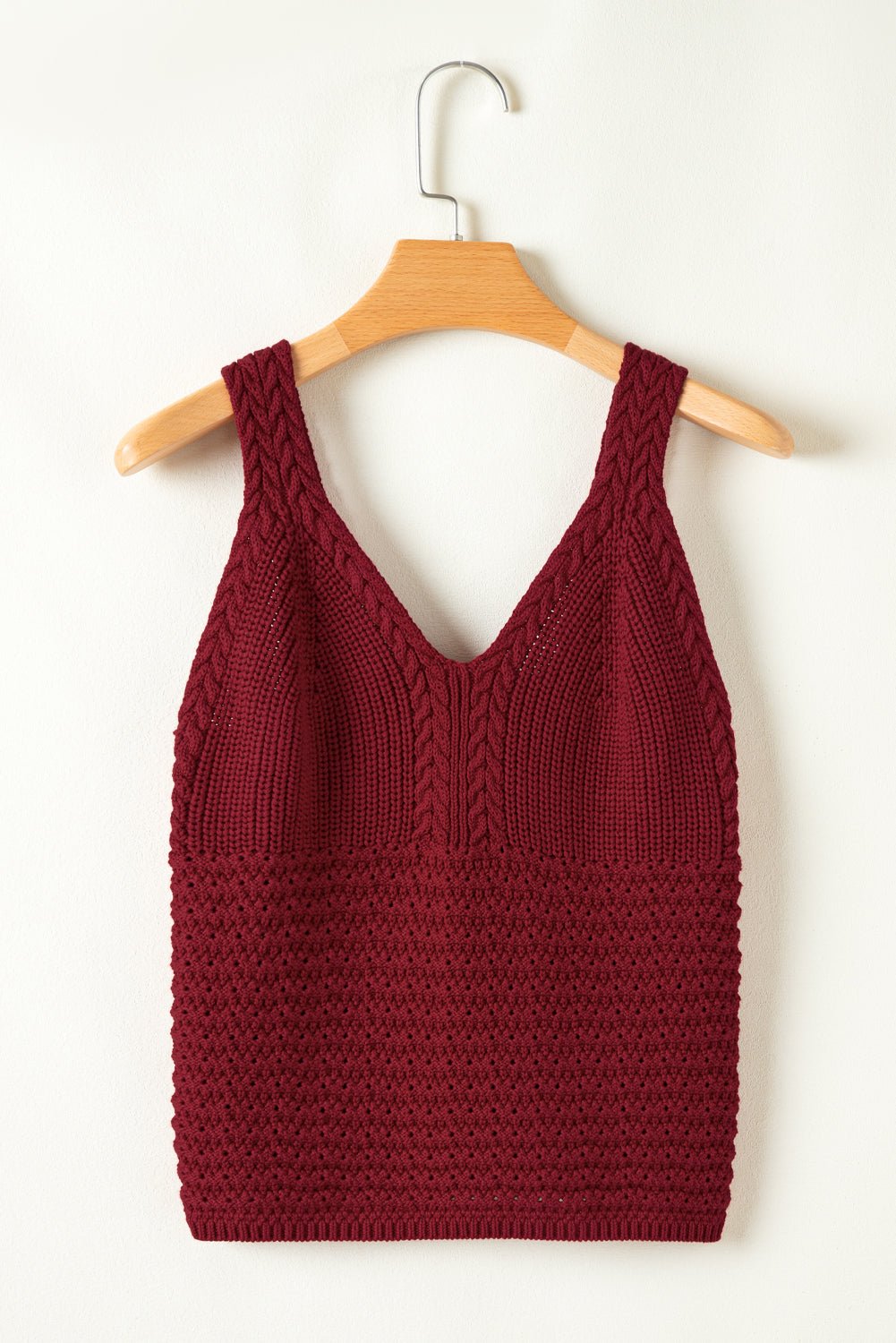 Burgundy Cable Knit Pointelle Slim Fit V Neck Sweater Vest - Chaelisa's New Jammies