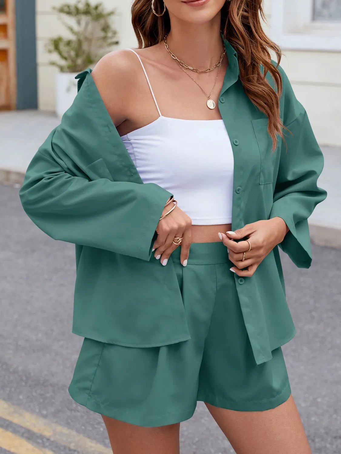 Button Up Long Sleeve Top and Shorts Set - Chaelisa's New Jammies