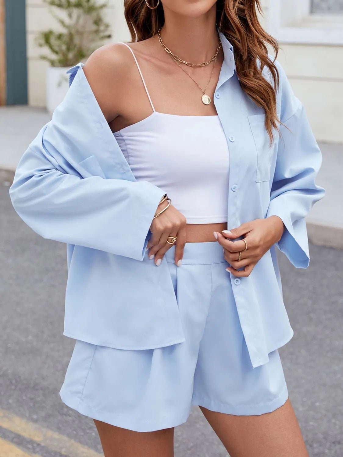 Button Up Long Sleeve Top and Shorts Set - Chaelisa's New Jammies