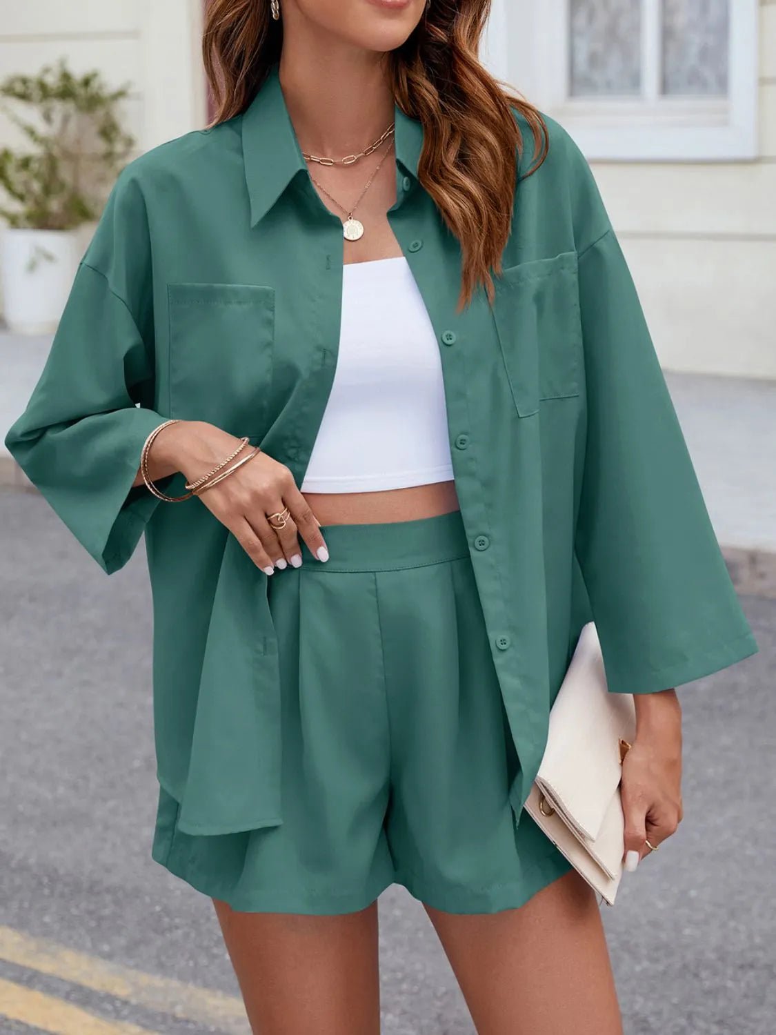 Button Up Long Sleeve Top and Shorts Set - Chaelisa's New Jammies