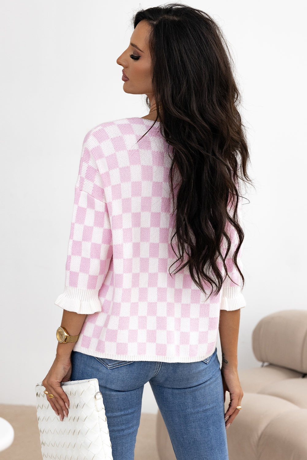 Light Pink Checkered Knitted Lace-up Ruffled 3/4 Sleeve Cardigan-Chaelisa's New Jammies