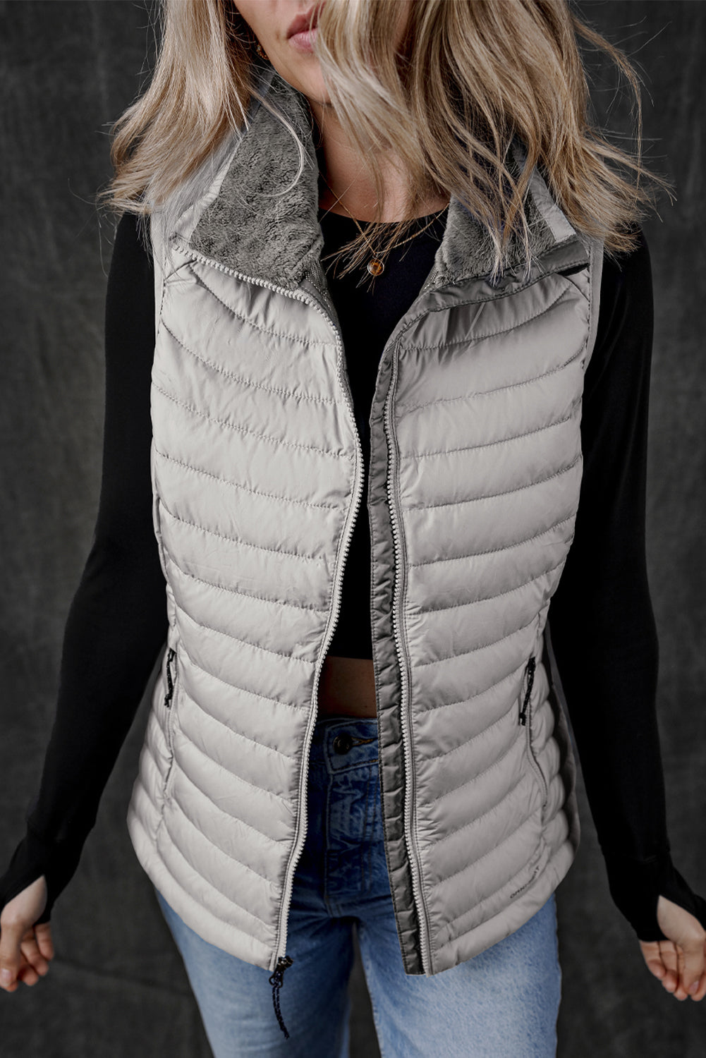 Silvery Plush Collared Quilted Zipped Puffer Vest-Chaelisa's New Jammies