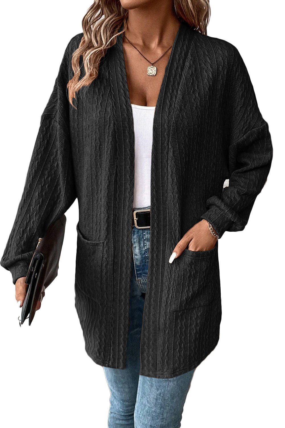 Black Textured Knit Side Pockets Open Front Cardigan-Chaelisa's New Jammies