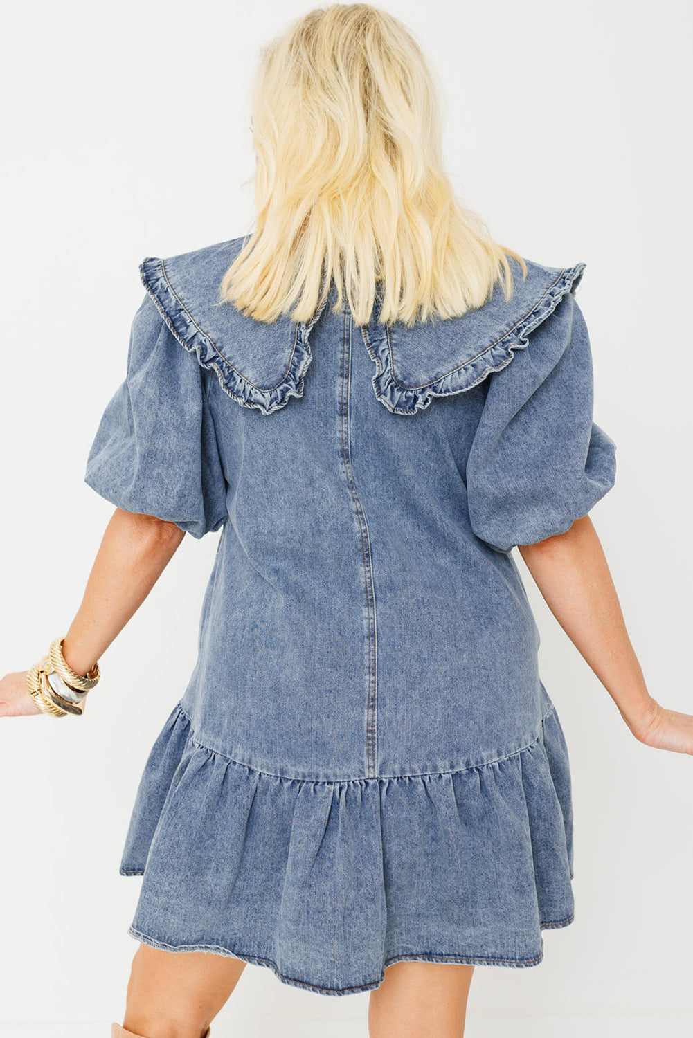 Dusk Blue Ruffled Collared Side Pockets Puff Sleeve Denim Mini Dress-Chaelisa's New Jammies