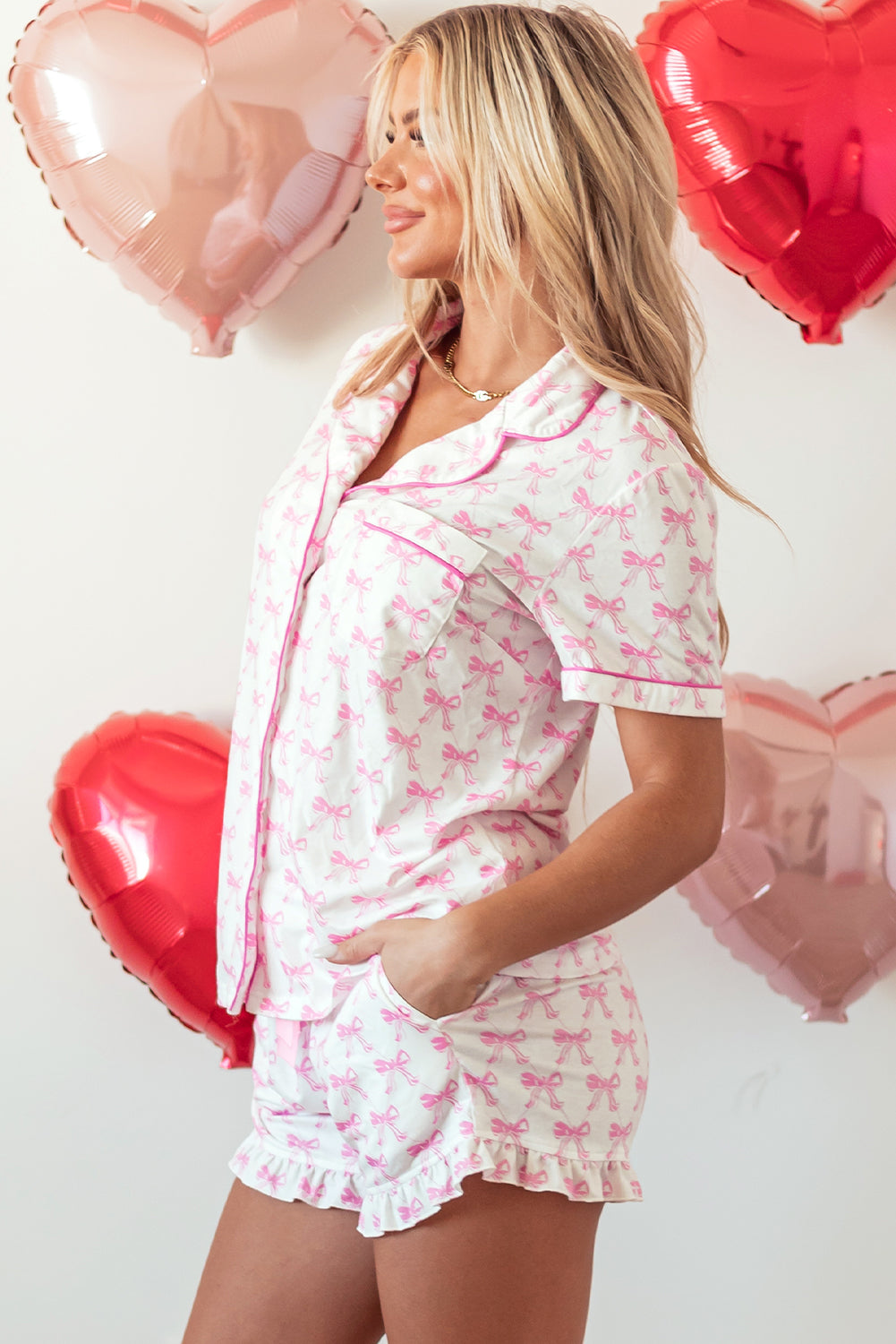 Pink Bowknot Printed Short Sleeve and Ruffled Shorts Valentines Pajama Set-Chaelisa's New Jammies