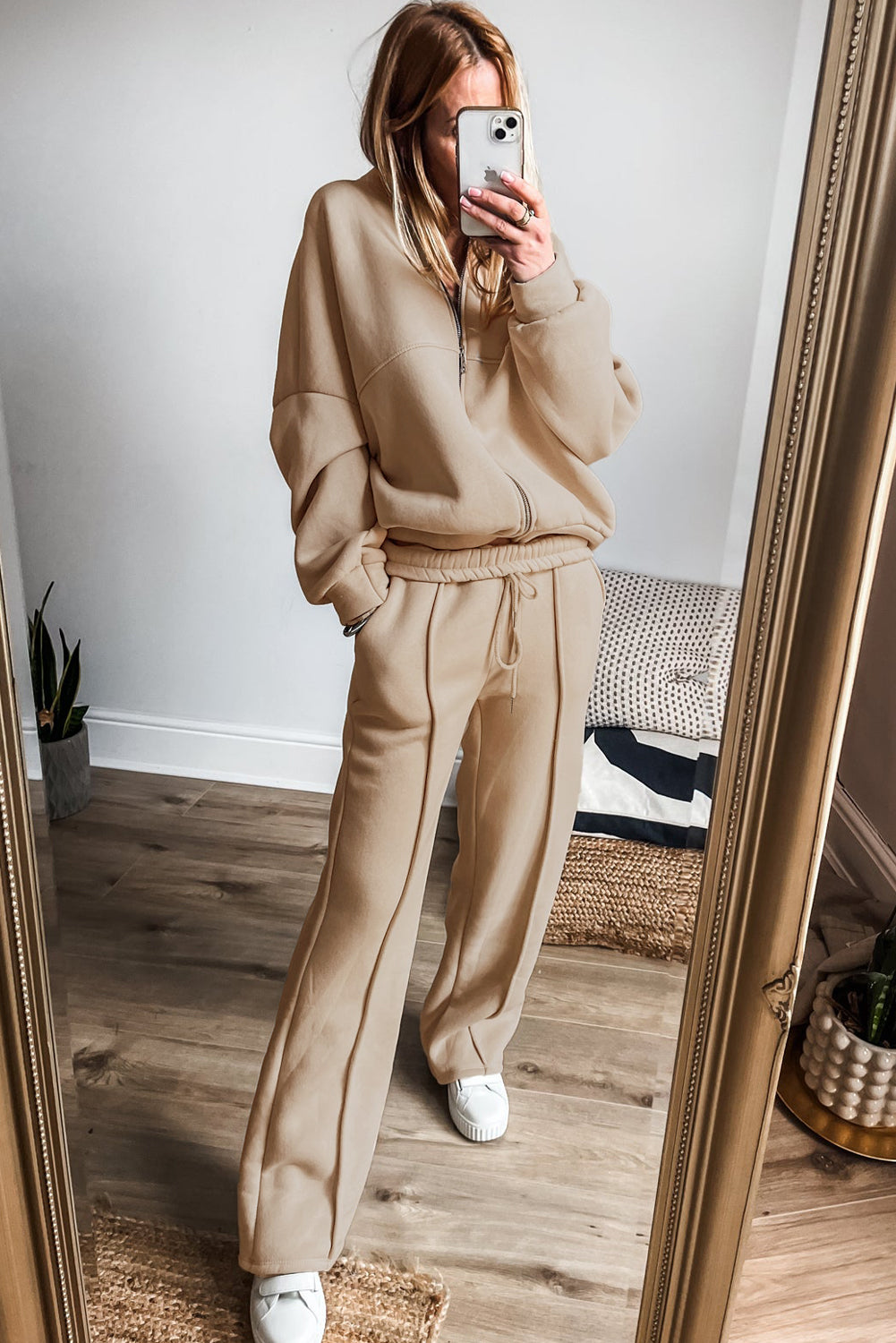 Apricot Solid Seamed Zipper Jacket and Drawstring Waist Pants Set-Chaelisa's New Jammies