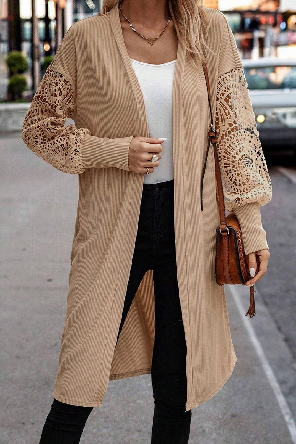 Parchment Lace Patchwork Ribbed Knit Open Front Duster Cardigan-Chaelisa's New Jammies