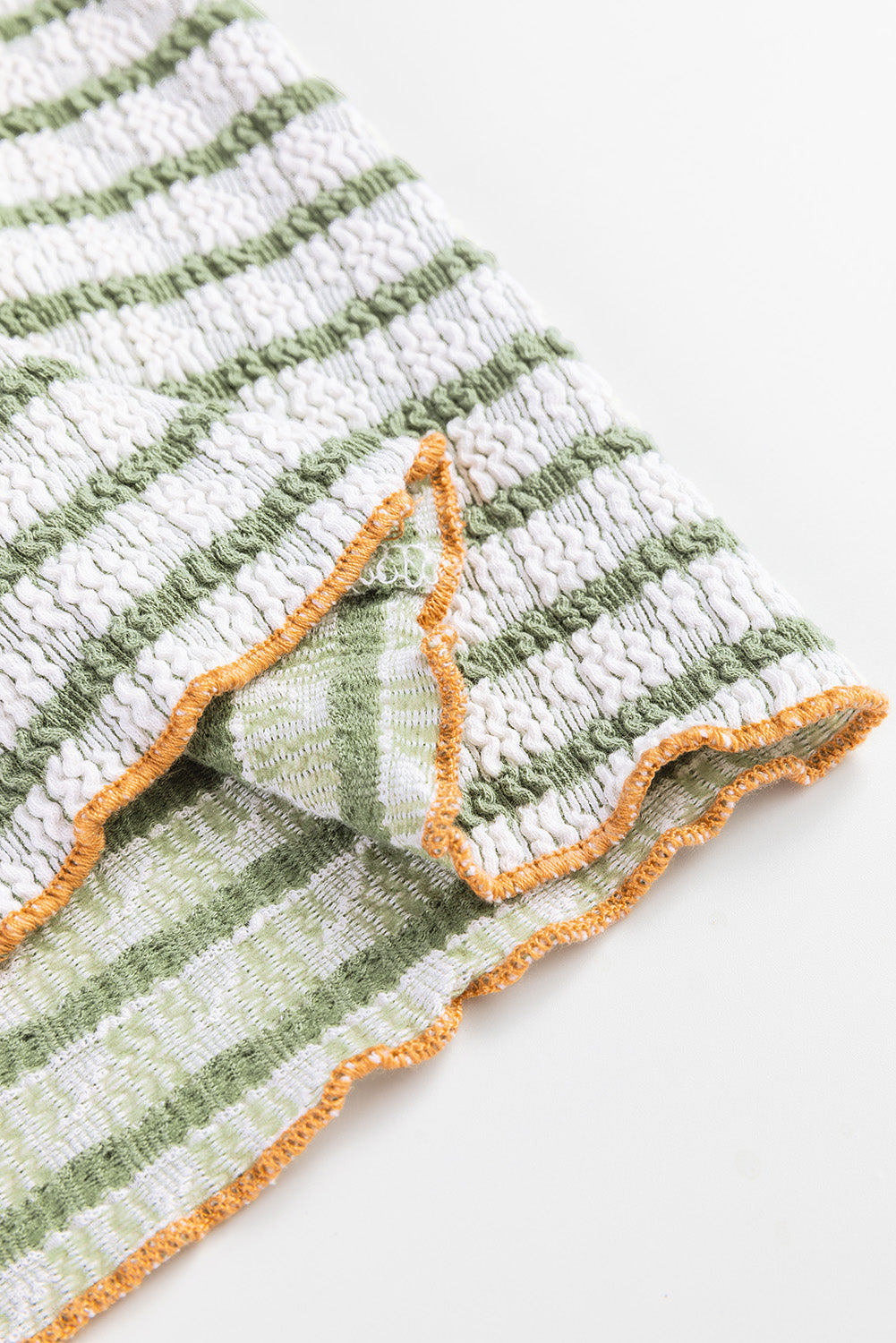 Green Stripe Textured Frilly Trim Buttons Henley Long Sleeve Top-Chaelisa's New Jammies