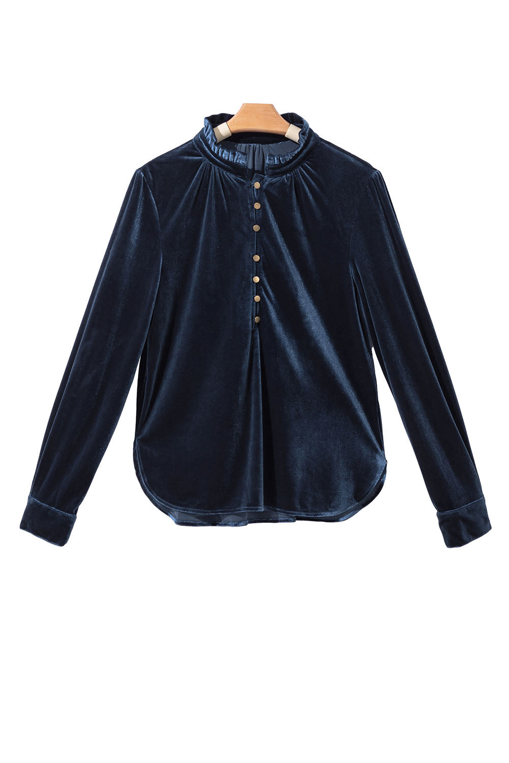 Navy Blue Frilled Buttoned V Neck Velvet Blouse-Chaelisa's New Jammies