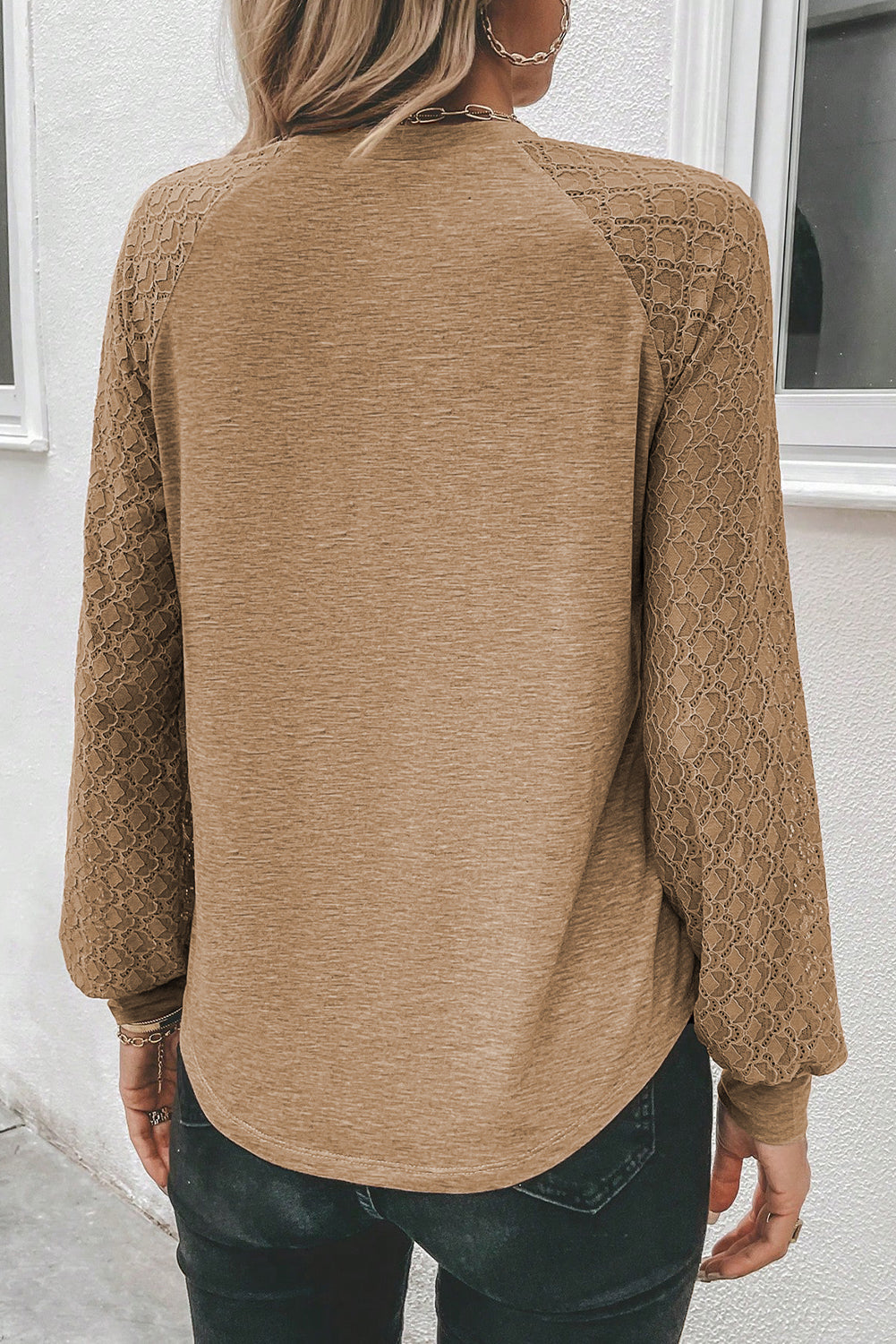 Light French Beige Contrast Lace Raglan Sleeve Plicate Round Neck Top-Chaelisa's New Jammies