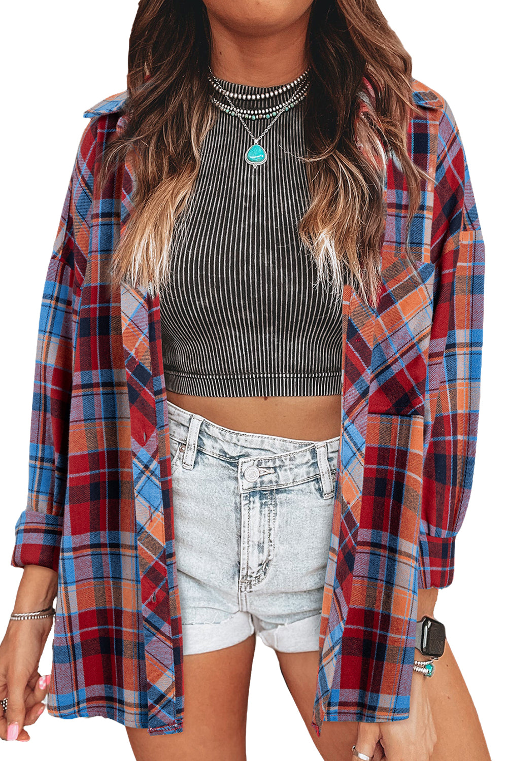 Red Plaid Print Drop Sleeve Loose Shirt-Chaelisa's New Jammies