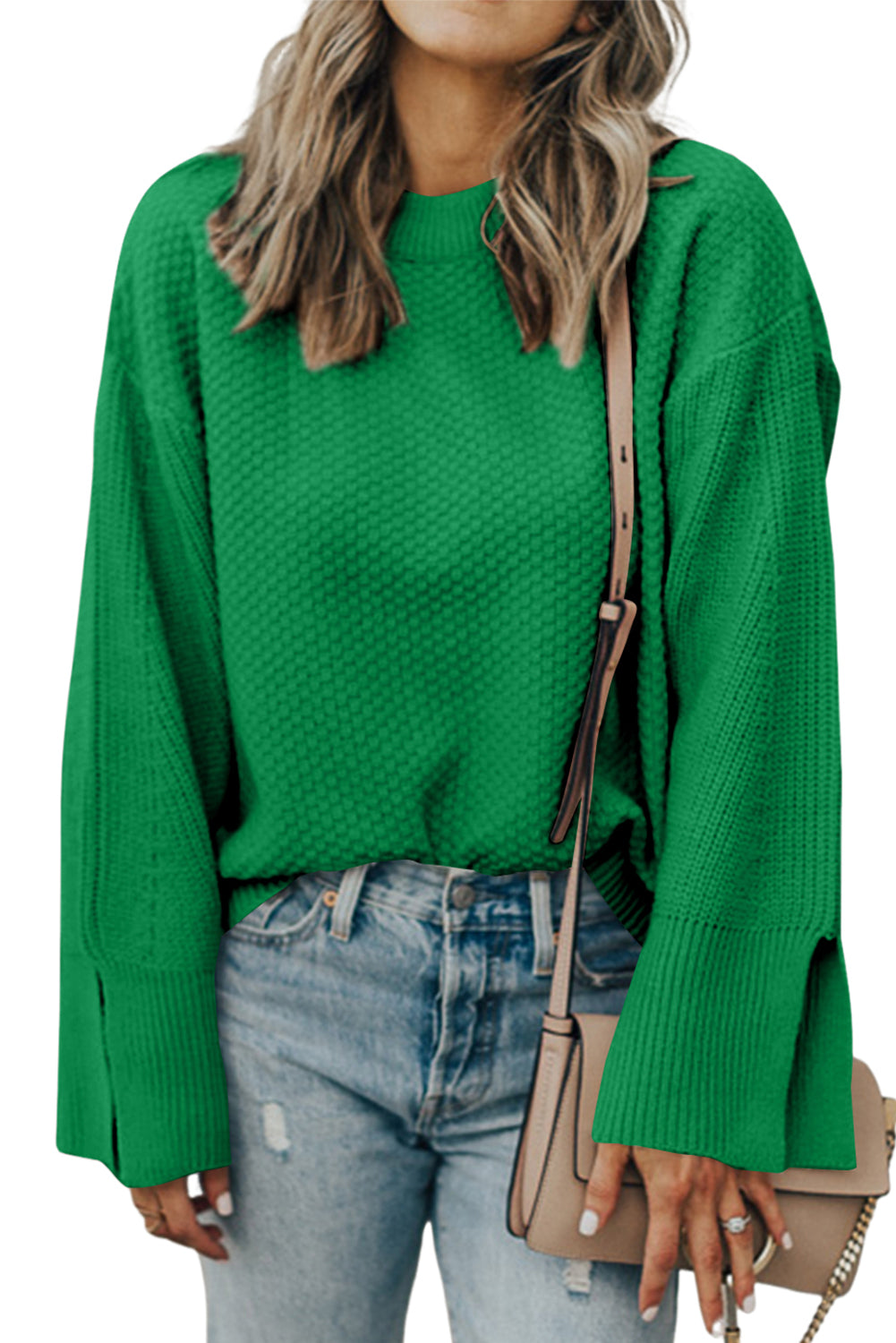 Parchment Solid Textured Knit Split Cuff Drop Shoulder Sweater-Chaelisa's New Jammies