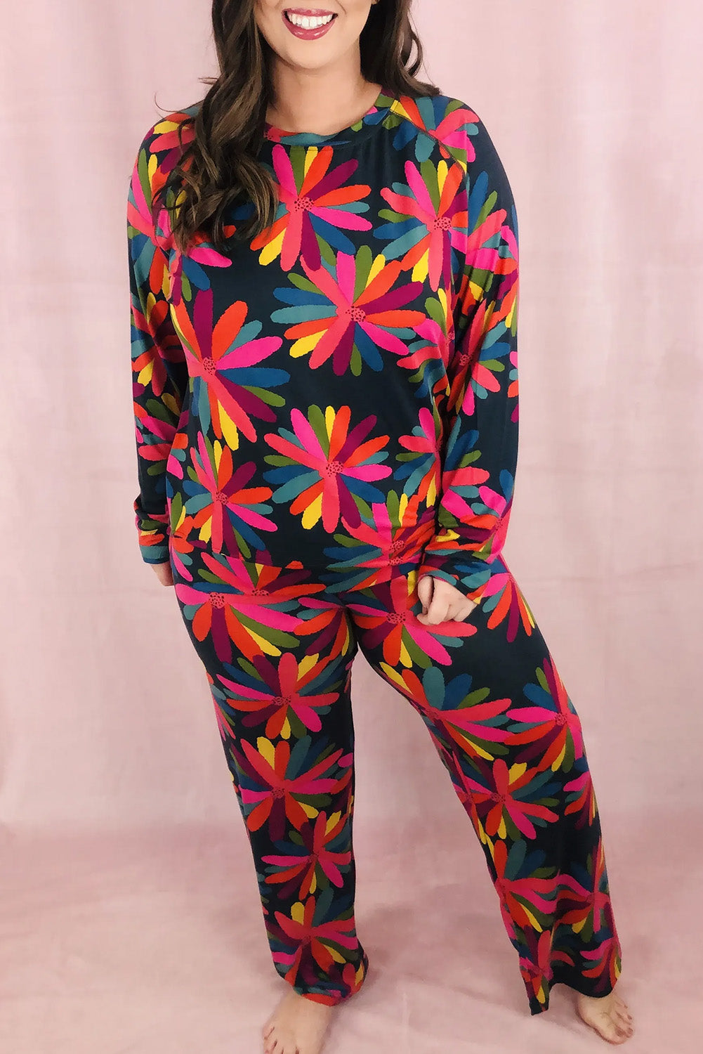 Black Plus Size Printed Long Sleeve and Pants Lounge Set-Chaelisa's New Jammies