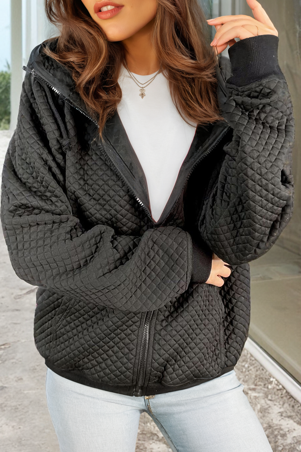 Black Quilted Side Pockets Zipper Hooded Jacket-Chaelisa's New Jammies