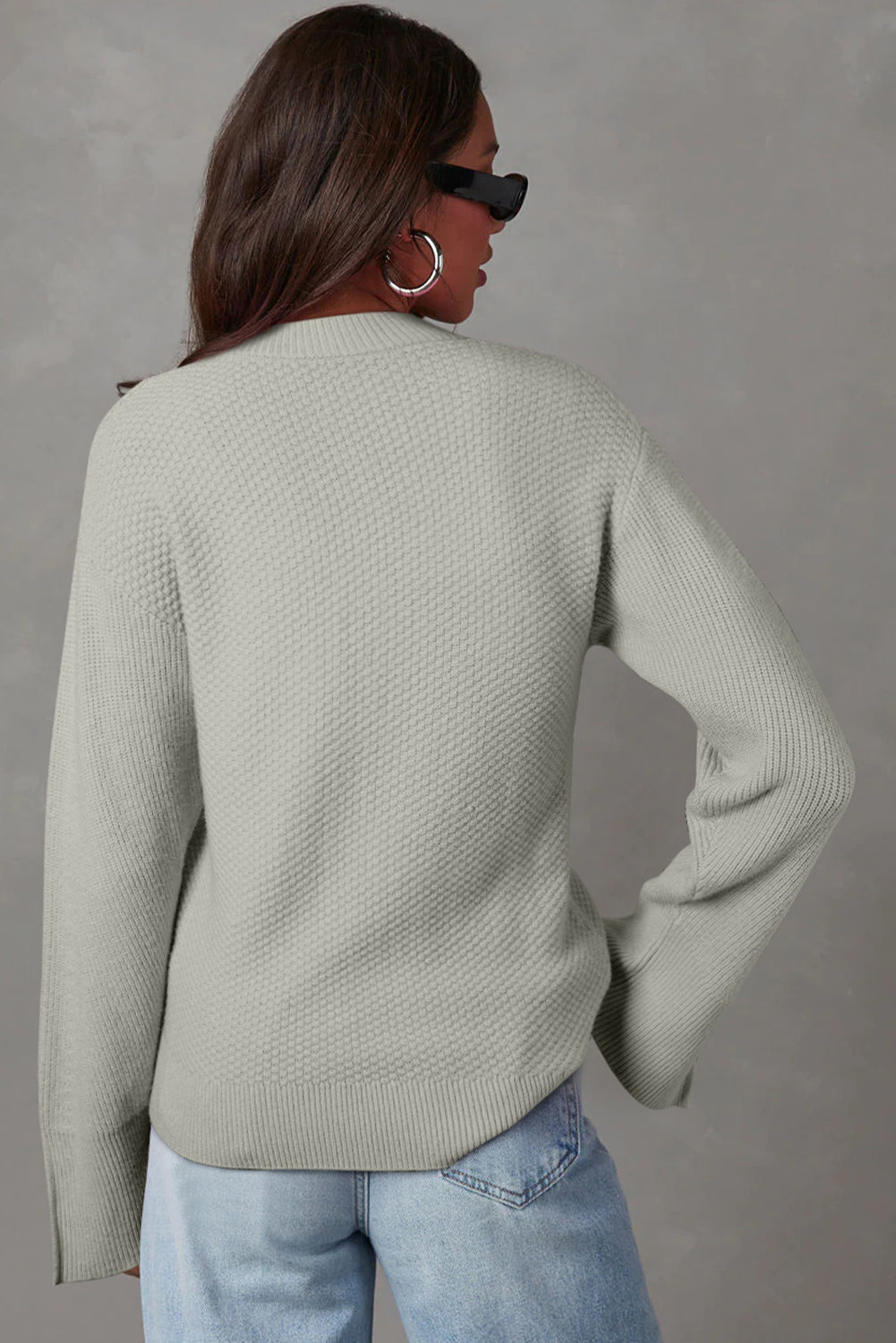 Parchment Solid Textured Knit Split Cuff Drop Shoulder Sweater-Chaelisa's New Jammies