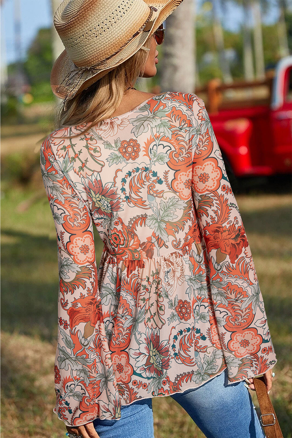 Orange Floral Print Deep V Neck Knot Bell Sleeve Blouse-Chaelisa's New Jammies