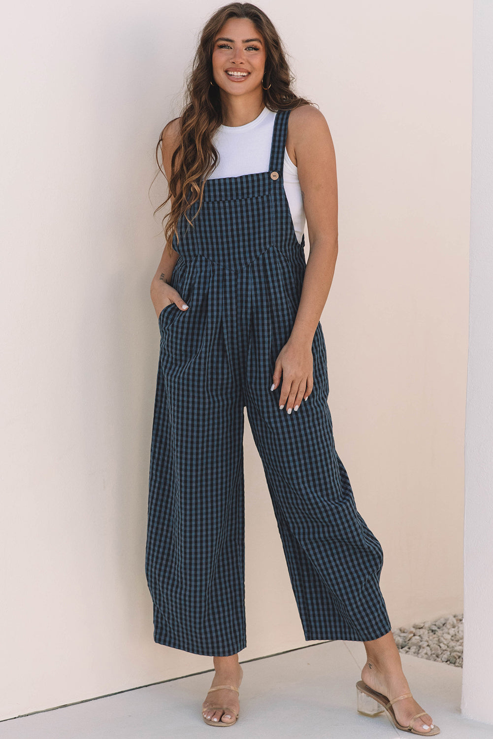 Sail Blue Plaid Print Buttoned Pocketed High Waist Overall-Chaelisa's New Jammies