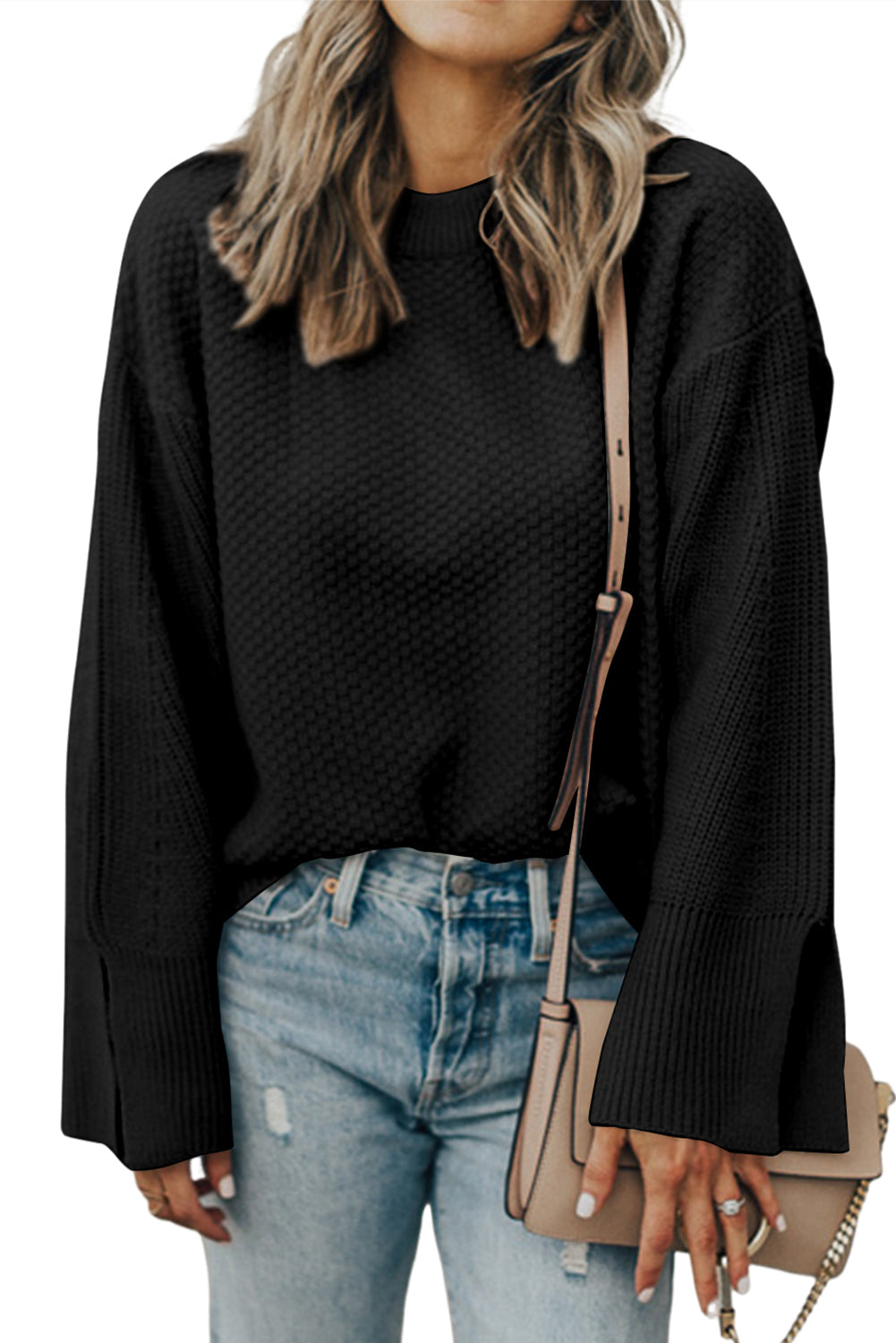 Parchment Solid Textured Knit Split Cuff Drop Shoulder Sweater-Chaelisa's New Jammies