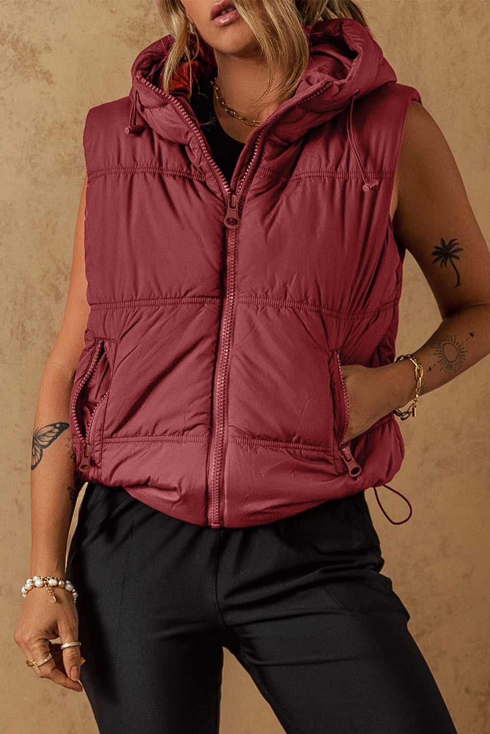 Clay Zip-up Side Pockets Hooded Puffer Vest-Chaelisa's New Jammies