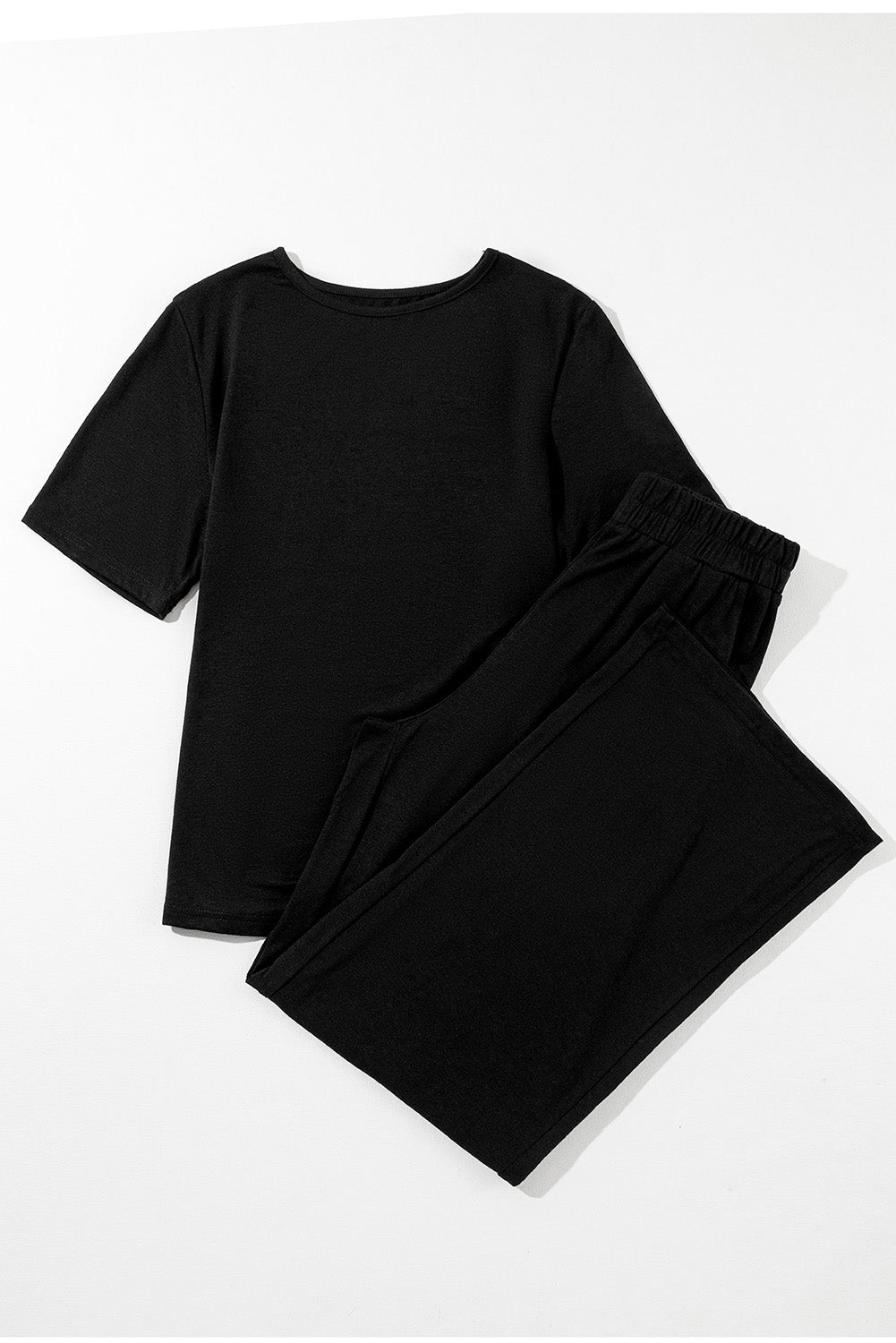 Black Solid Color T Shirt 2pcs Wide Leg Pants Set-Chaelisa's New Jammies