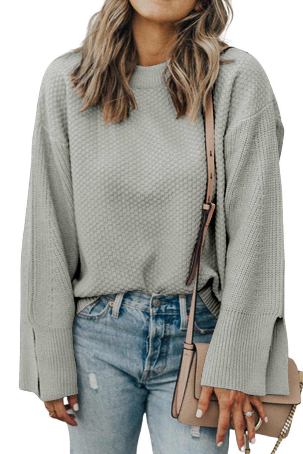 Parchment Solid Textured Knit Split Cuff Drop Shoulder Sweater-Chaelisa's New Jammies