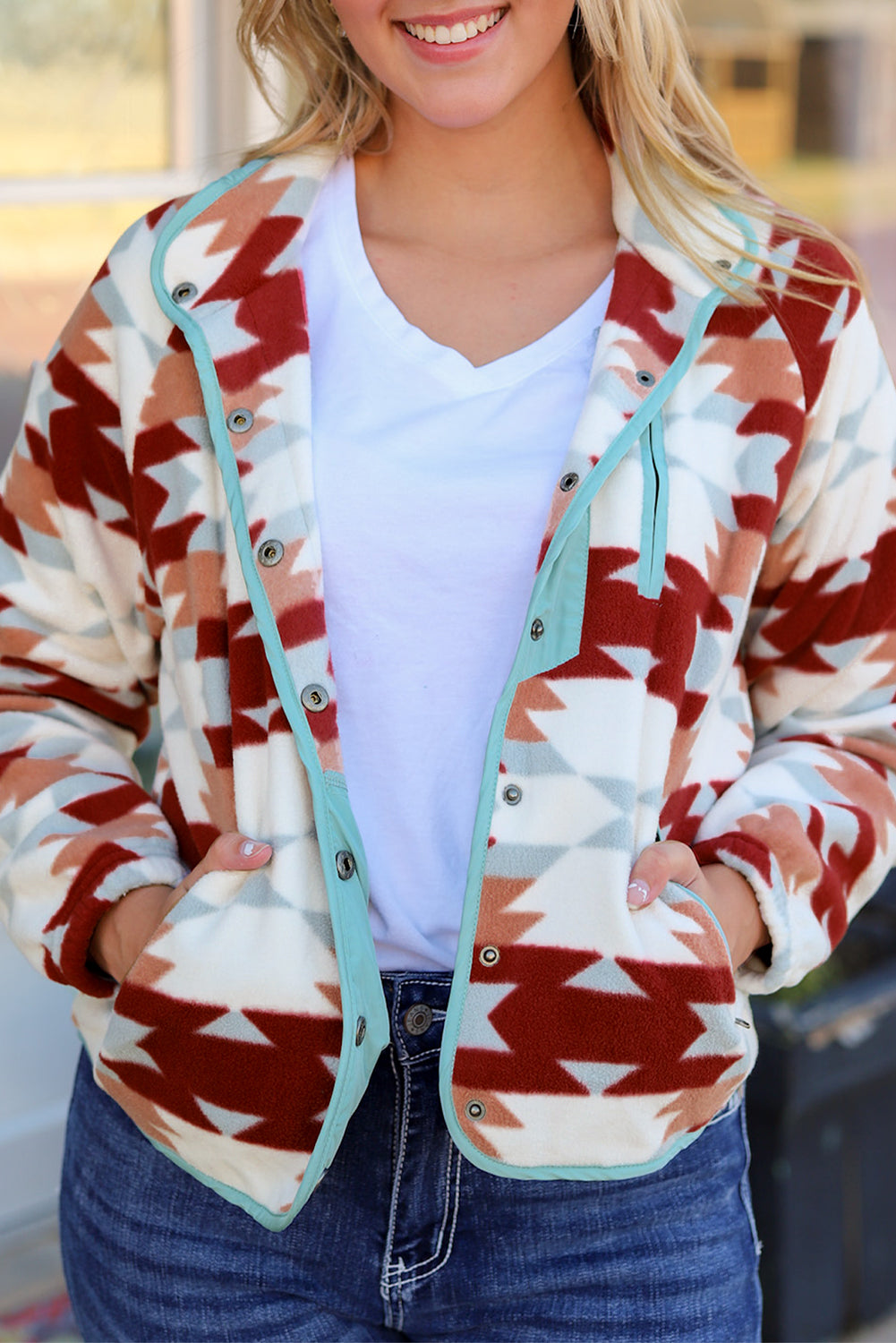 Fiery Red Western Aztec Buttoned Zipper Pockets Fleece Jacket-Chaelisa's New Jammies