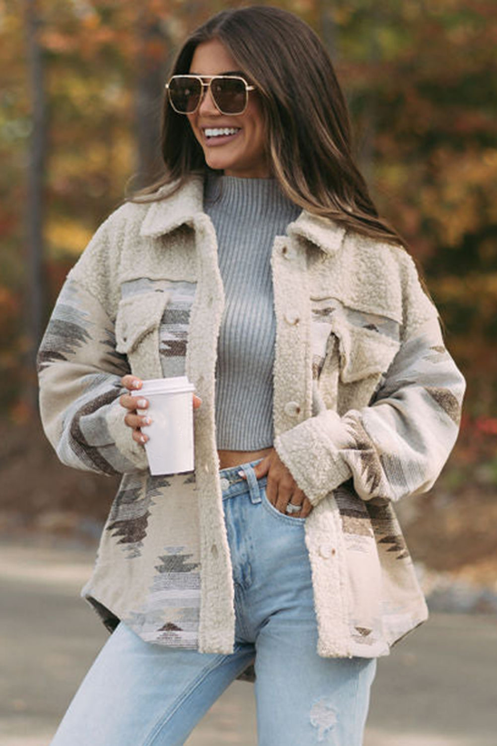 Khaki Western Aztec Print Sherpa Splicing Buttoned Flap Pocket Coat-Chaelisa's New Jammies