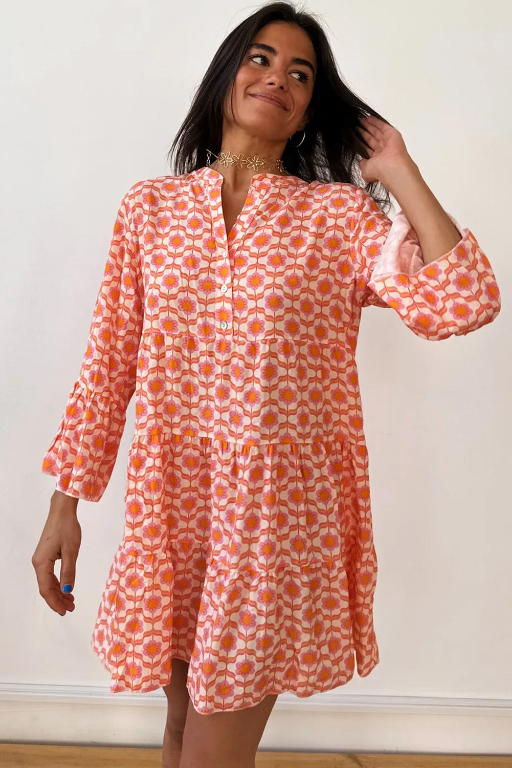 Orange Floral Print Flounce Sleeve Buttoned Front Mini Dress-Chaelisa's New Jammies