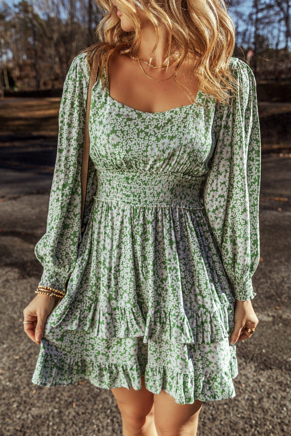 Green Floral Print Square Neck Shirred Waist Tiered Ruffled Mini Dress-Chaelisa's New Jammies