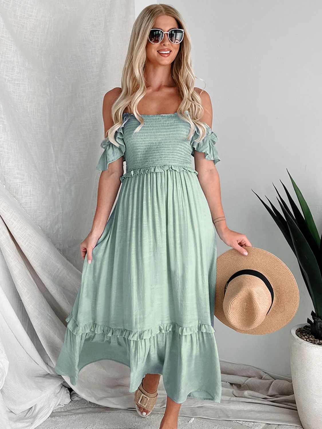 Frill Smocked Off-Shoulder Ruffle Sleeve Dress-Chaelisa's New Jammies
