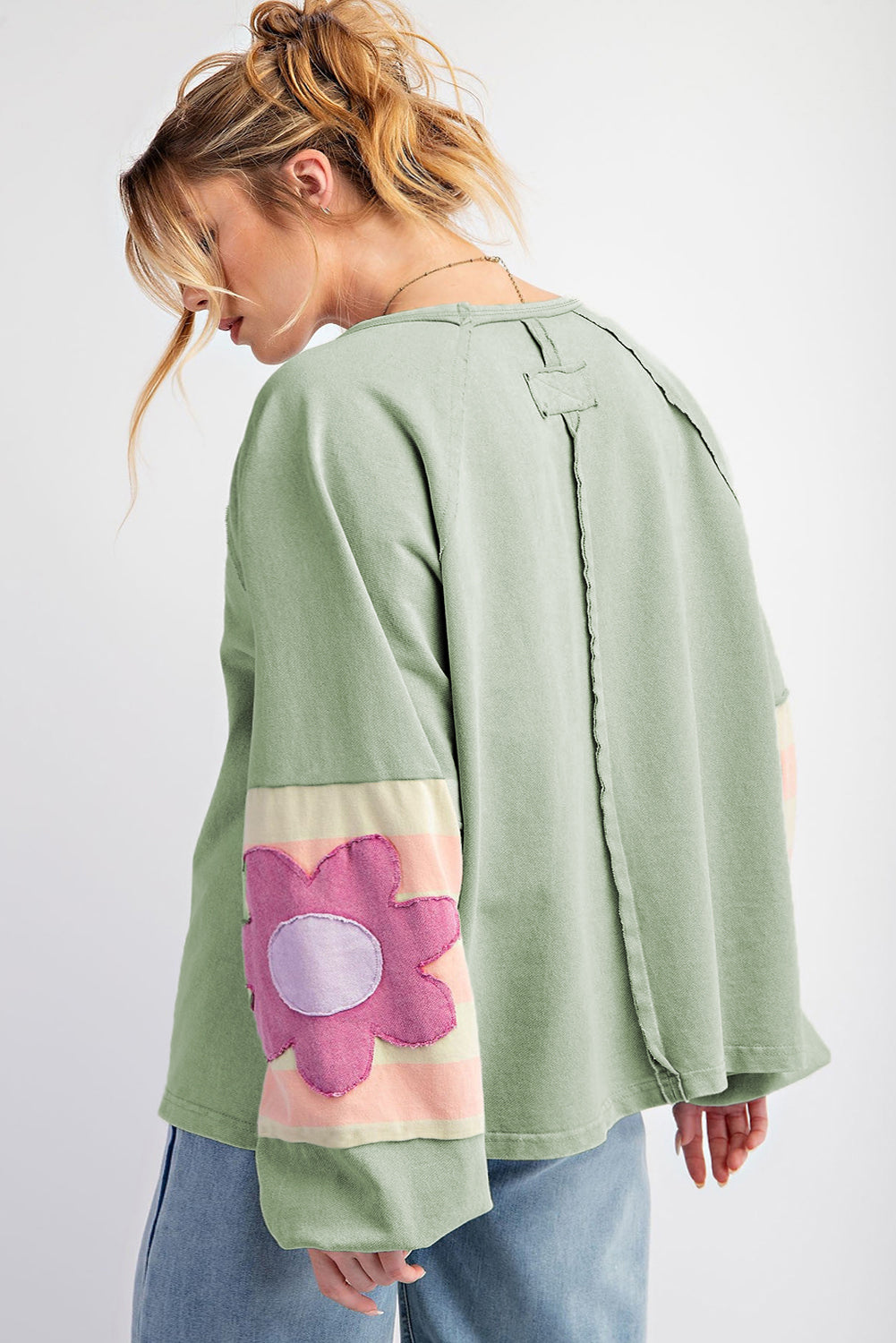 Smoke Green Flower Patchwork Raglan Sleeve Exposed Seam Oversized Top-Chaelisa's New Jammies