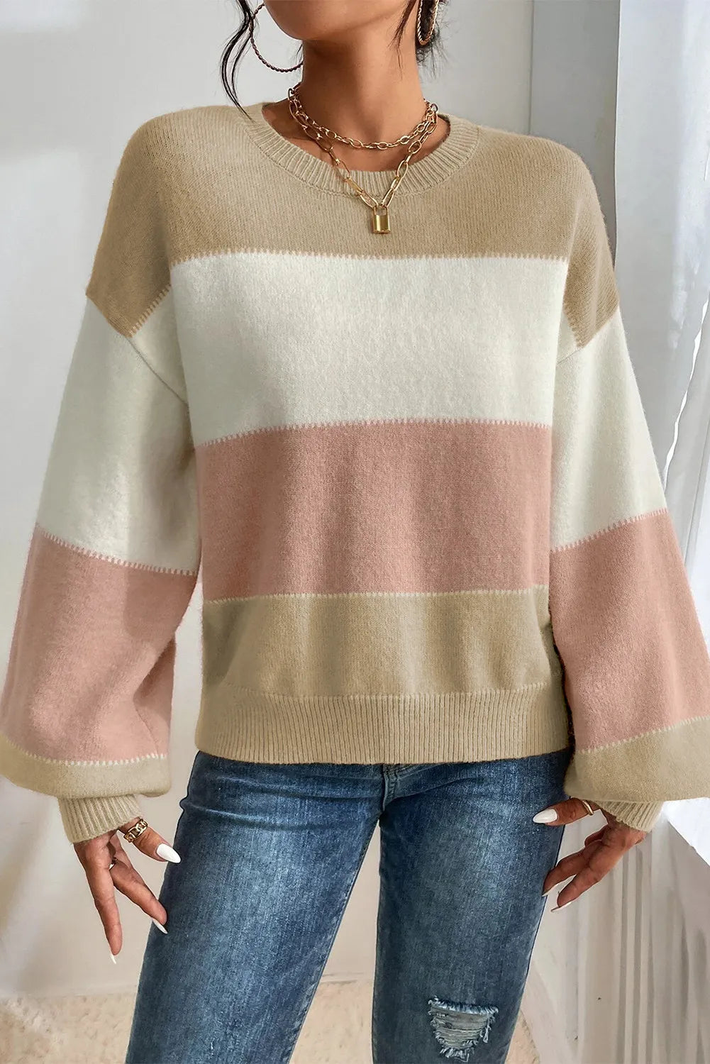 Color Block Round Neck Lantern Sleeve Sweater-Chaelisa's New Jammies