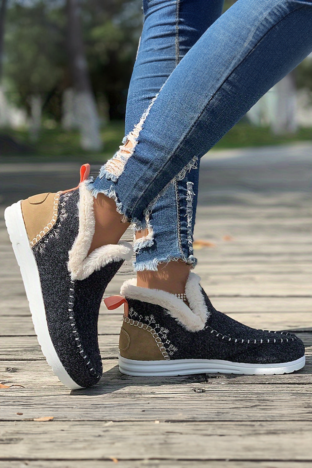 Carbon Grey Suede Stitching Patchwork Plush Lined Anklet Boots-Chaelisa's New Jammies