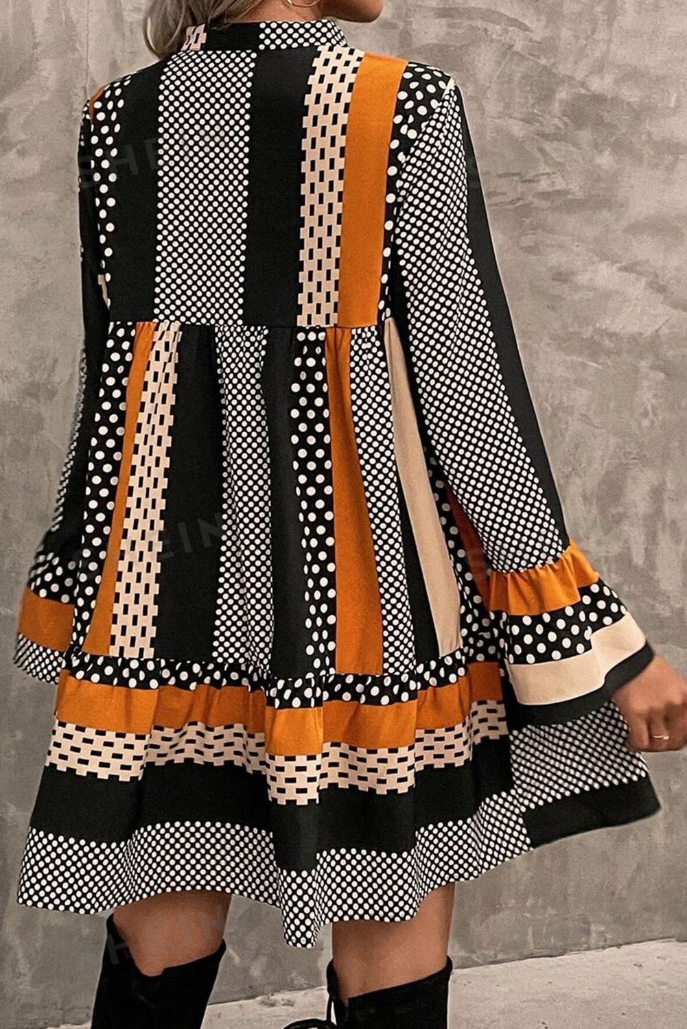 Black Striped Polka Dot Print Ruffled Hem V Neck Mini Dress-Chaelisa's New Jammies