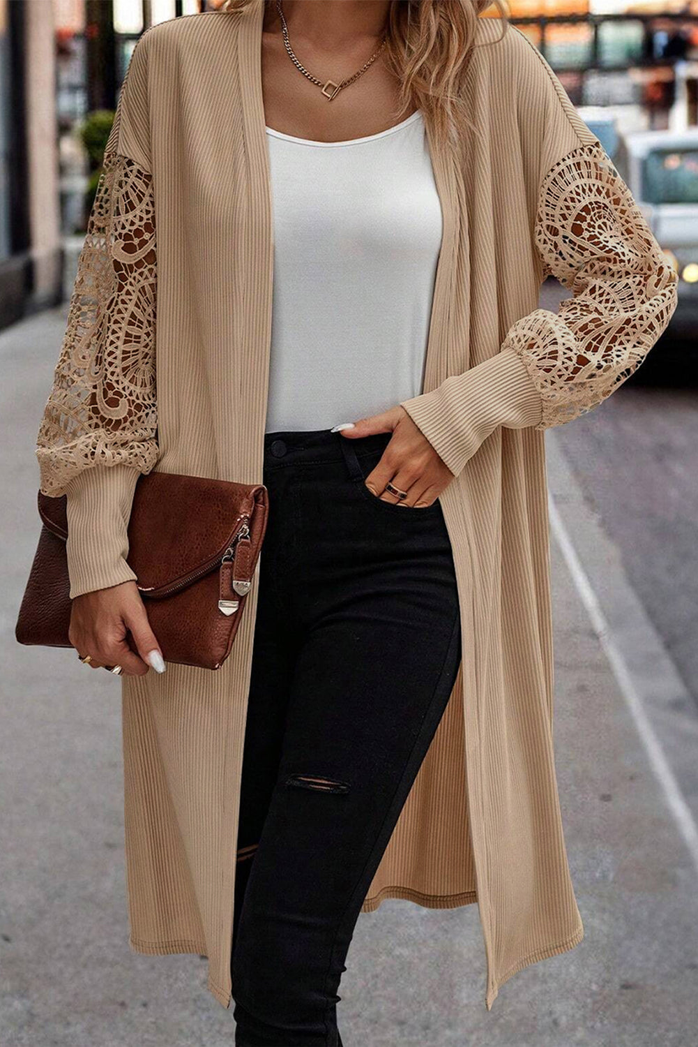 Parchment Lace Patchwork Ribbed Knit Open Front Duster Cardigan-Chaelisa's New Jammies