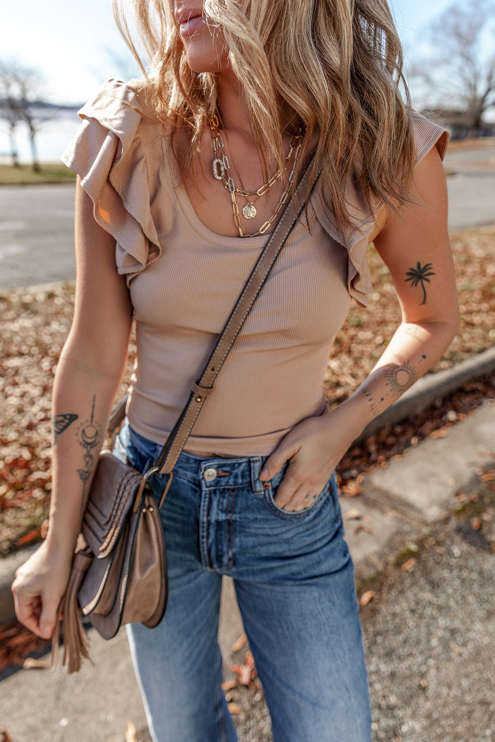 Smoke Gray Ribbed Knit Ruffled Shoulder Slim Fit Tank Top-Chaelisa's New Jammies