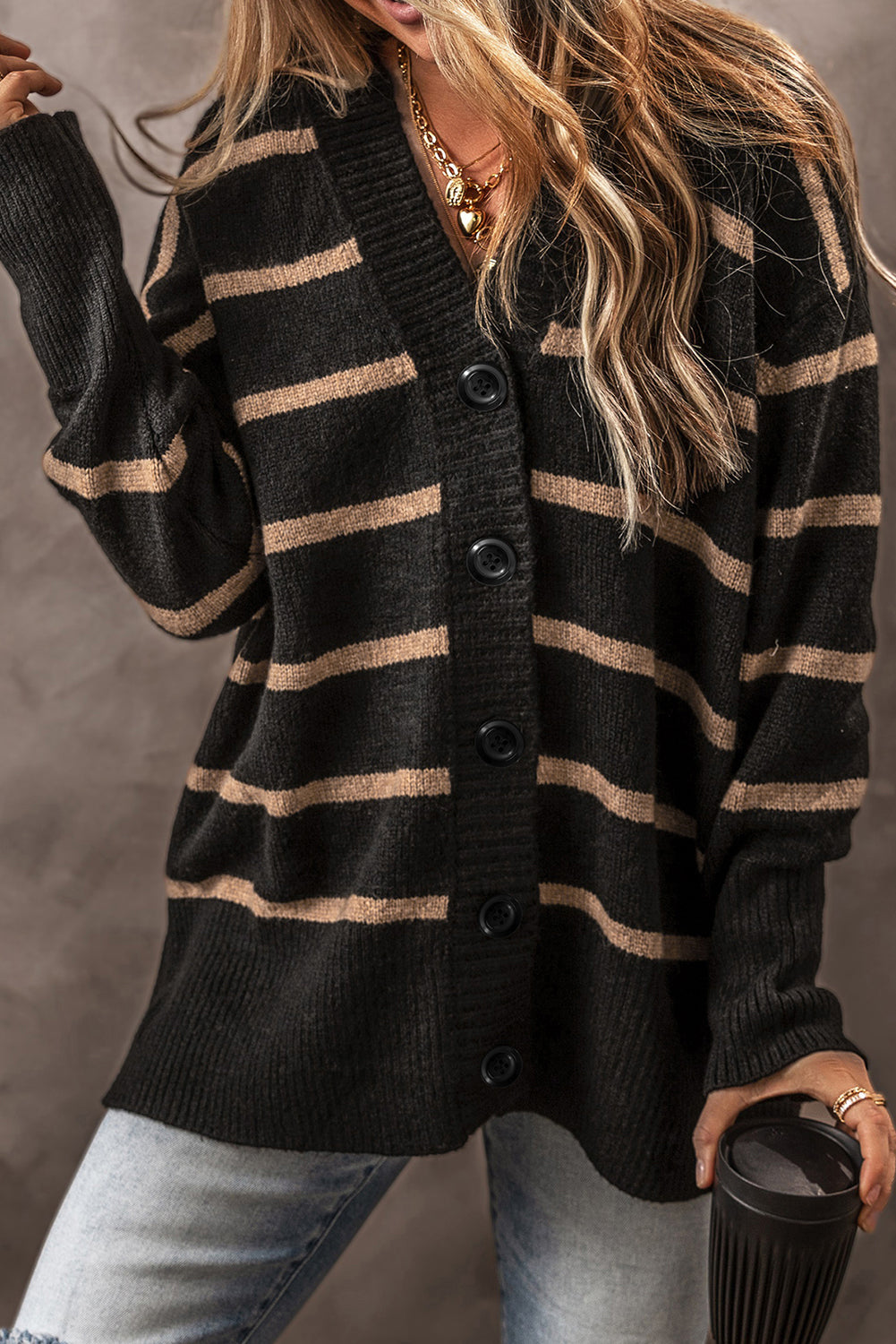 Black Stripe Buttoned V Neck Drop Shoulder Loose Cardigan-Chaelisa's New Jammies