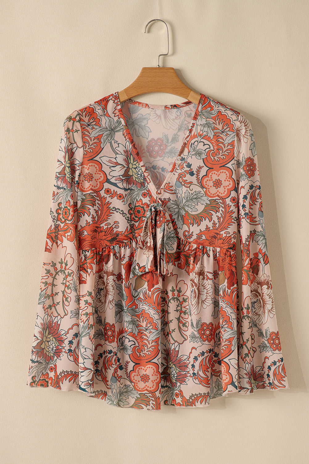 Orange Floral Print Deep V Neck Knot Bell Sleeve Blouse-Chaelisa's New Jammies