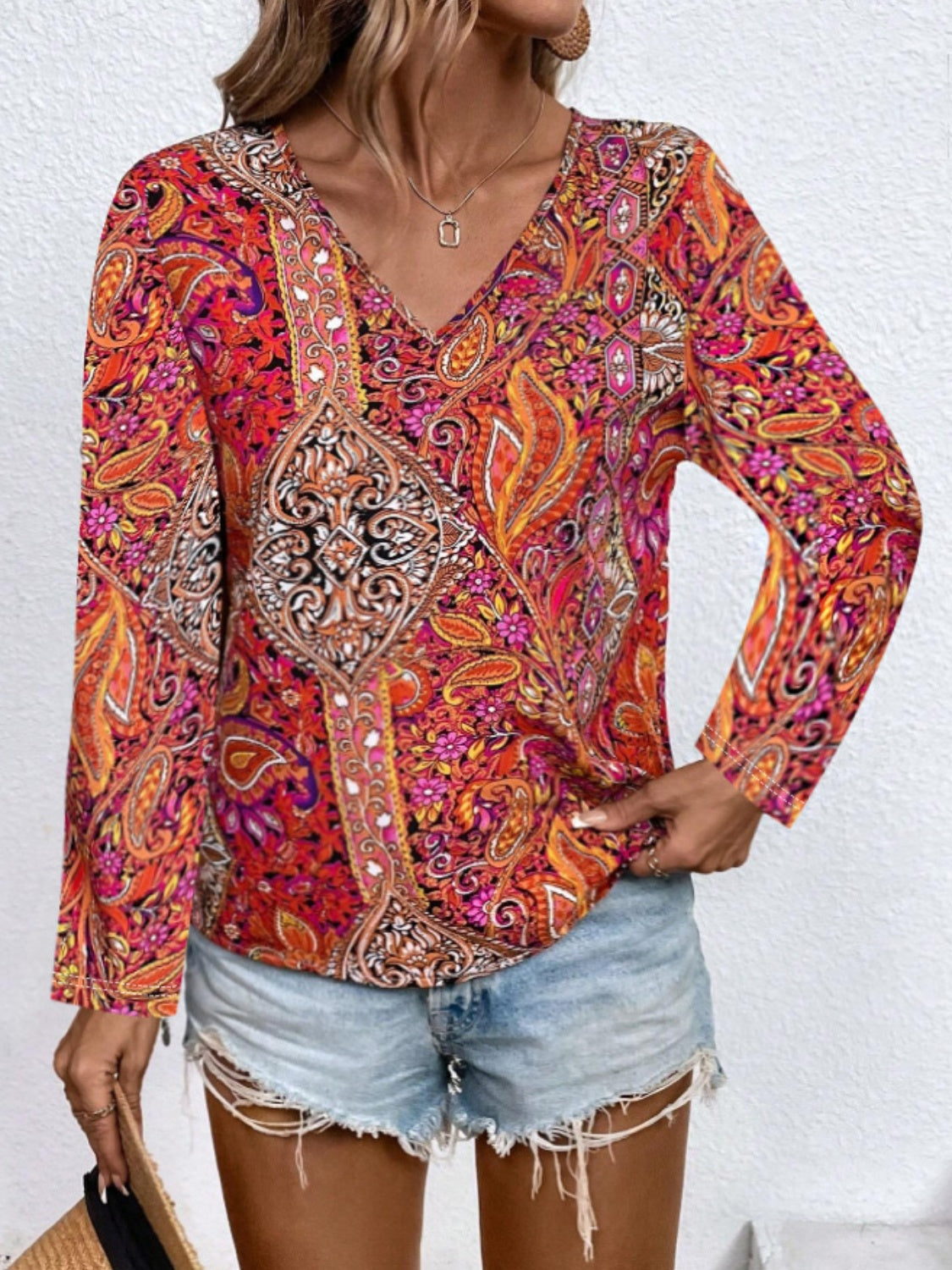 Printed V-Neck Long Sleeve Blouse-Chaelisa's New Jammies