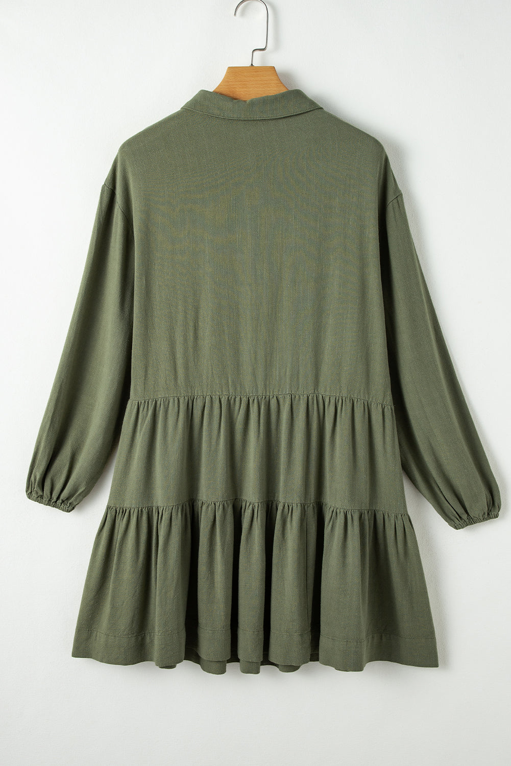 Jungle Green Puff Sleeve Buttoned Tiered Pleated Shirt Mini Dress-Chaelisa's New Jammies