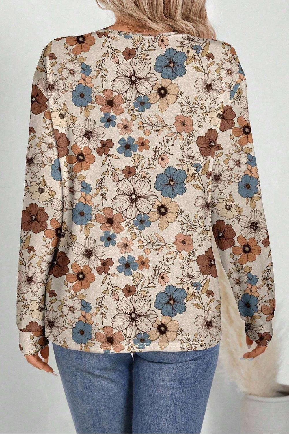Khaki Floral Print Loose Crew Neck Long Sleeve T Shirt-Chaelisa's New Jammies