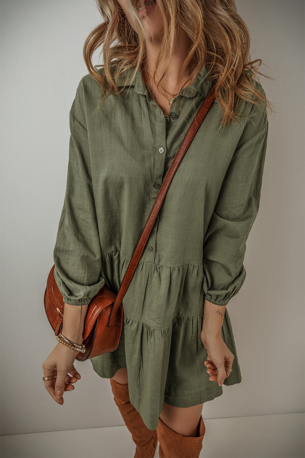 Jungle Green Puff Sleeve Buttoned Tiered Pleated Shirt Mini Dress-Chaelisa's New Jammies