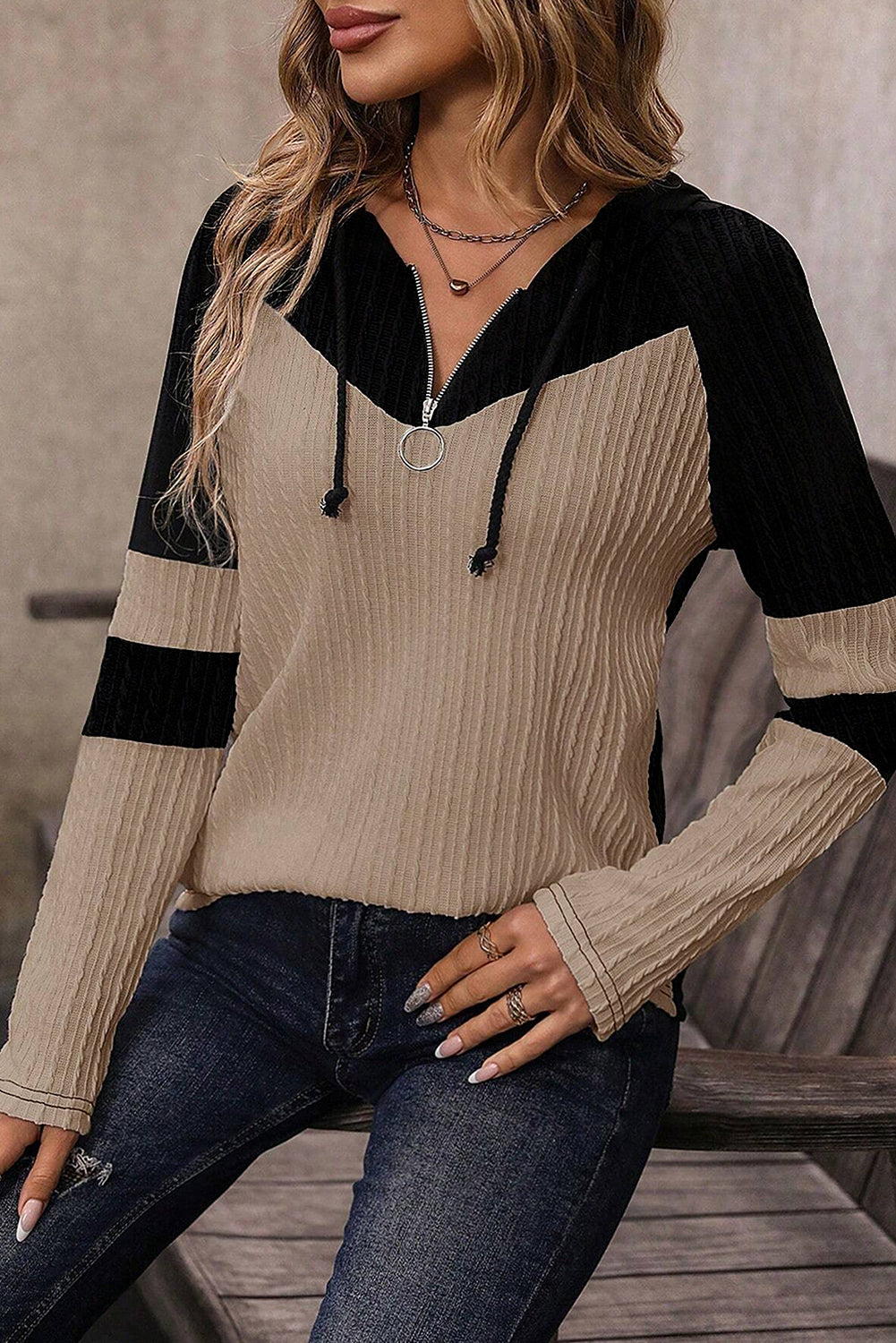 Parchment Textured Colorblock Long Sleeve Quarter Zip Drawstring Hooded Top-Chaelisa's New Jammies