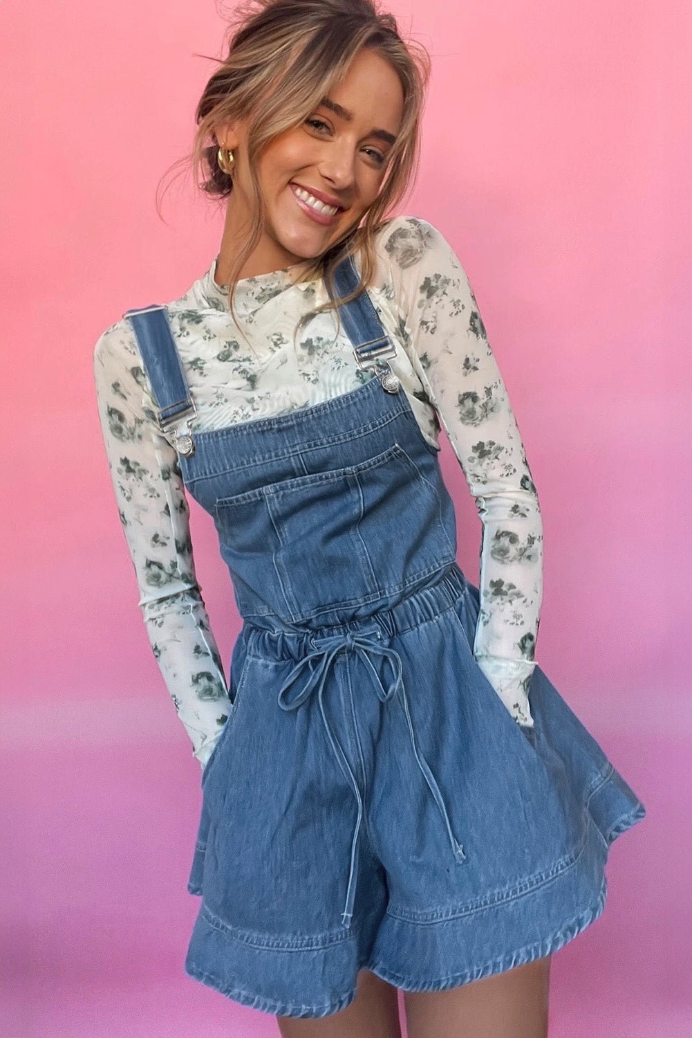 Sky Blue Buckle Straps Bib Style Drawstring Tied Backless Flared Denim Romper