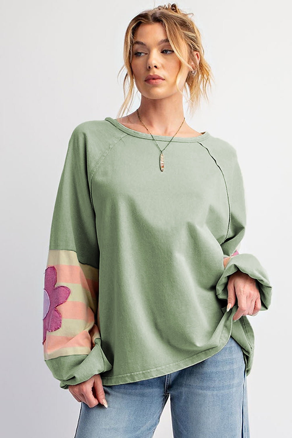 Smoke Green Flower Patchwork Raglan Sleeve Exposed Seam Oversized Top-Chaelisa's New Jammies