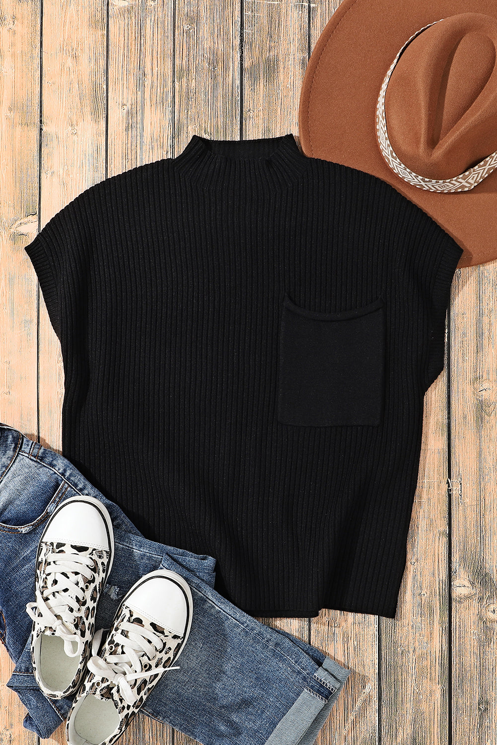 Black Patch Pocket Ribbed Knit Short Sleeve Sweater-Chaelisa's New Jammies