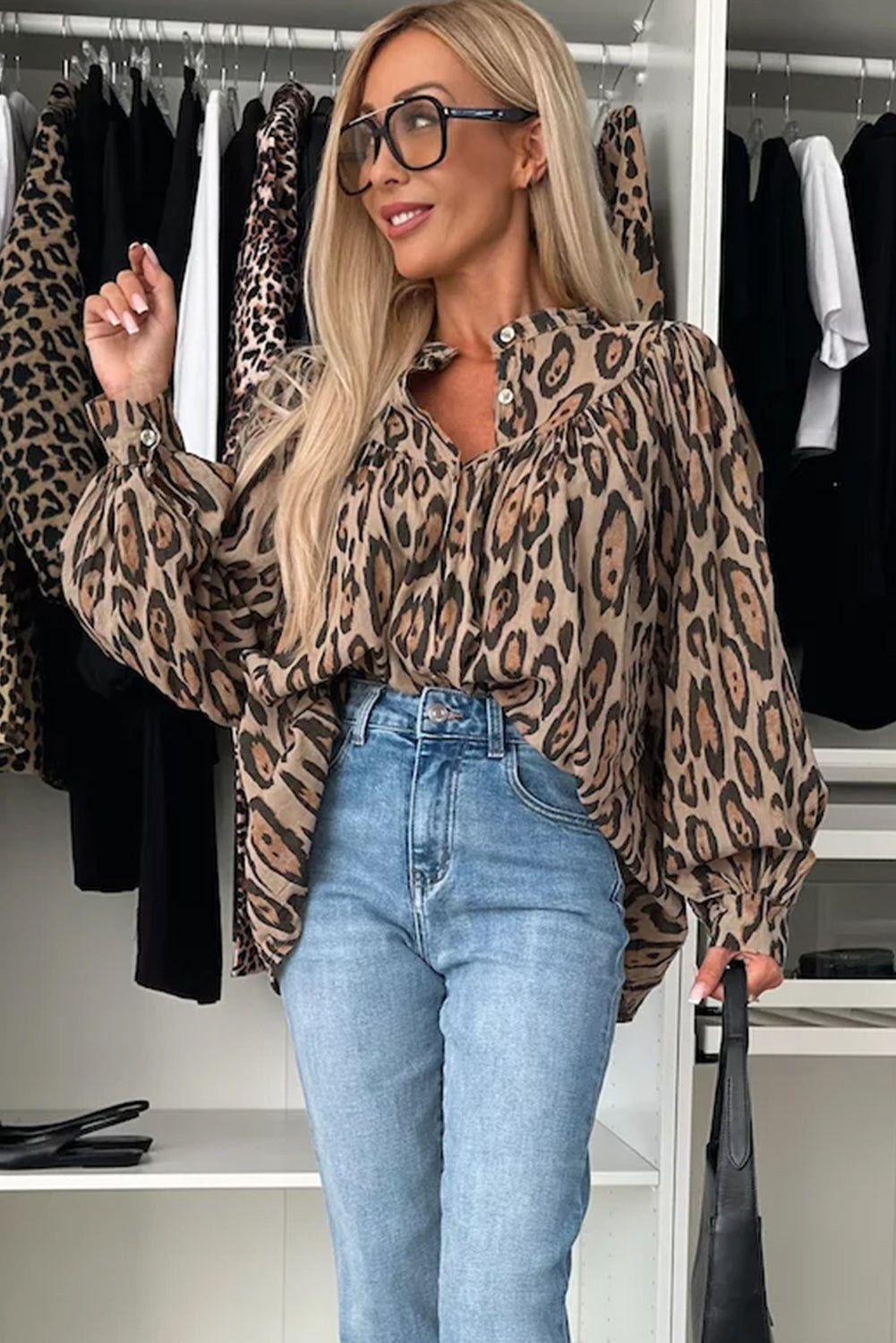 Light French Beige Oversized Leopard Print Balloon Sleeve Casual Shirt-Chaelisa's New Jammies