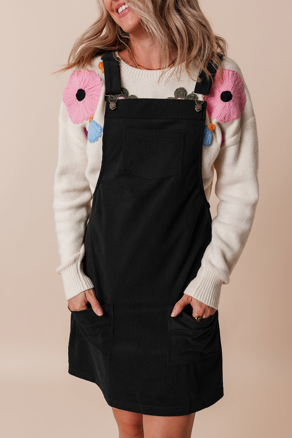 Black Solid Front Pockets Sleeveless Corduroy Overall Dress-Chaelisa's New Jammies