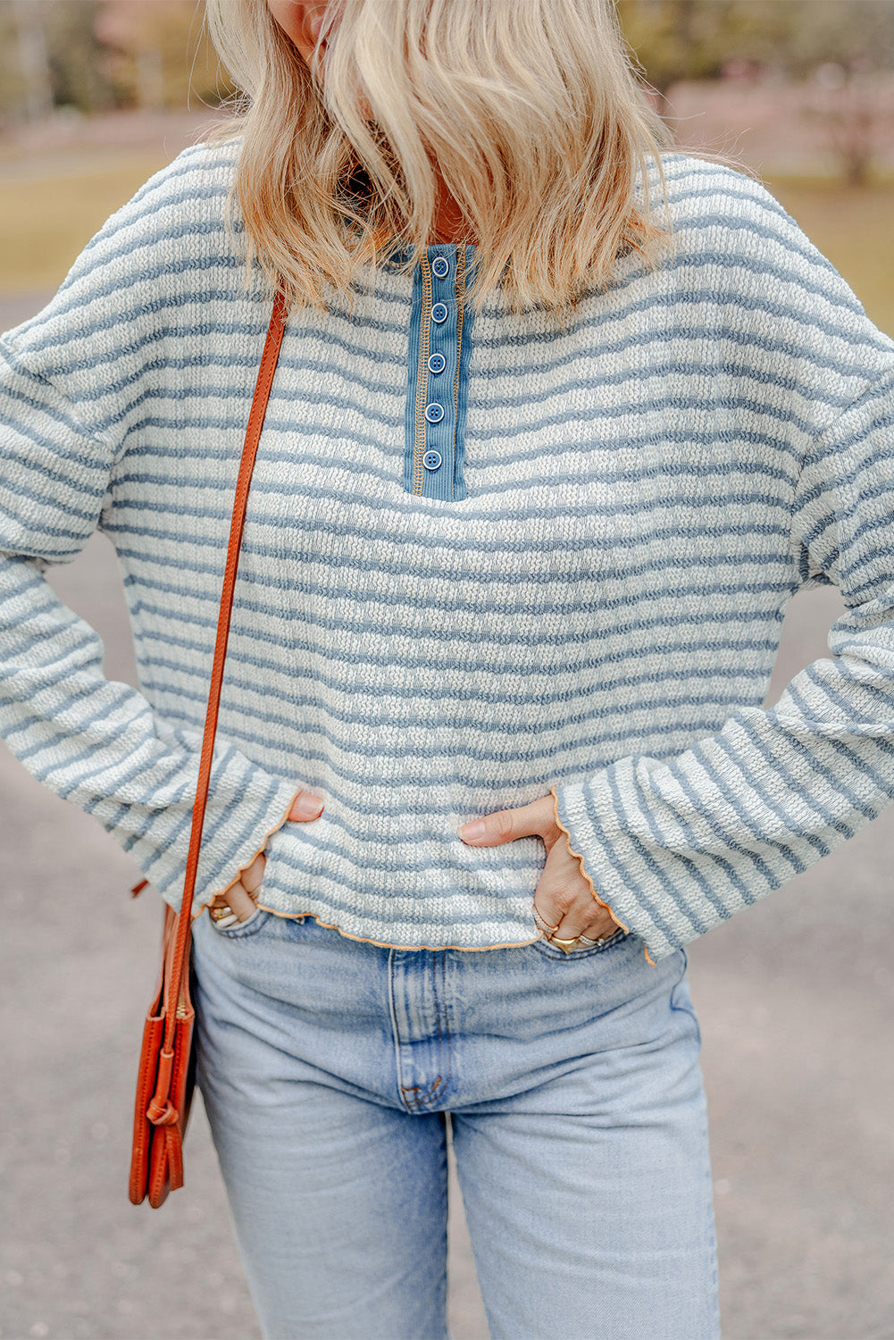 Sky Blue Stripe Textured Frilly Trim Buttons Henley Long Sleeve Top-Chaelisa's New Jammies