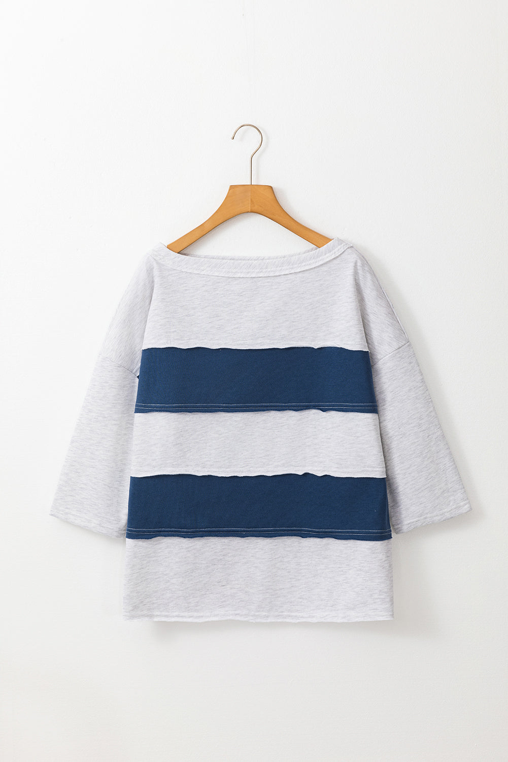 Sail Blue Colorblock Striped Patchwork 3/4 Sleeve Raw Seamed Sweatshirt-Chaelisa's New Jammies